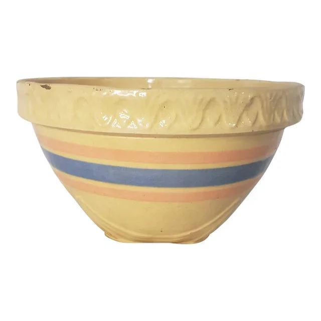 Early 20th Century Pottery Mixing Bowl With Pink & Blue Stripe & Pie Crust Edge