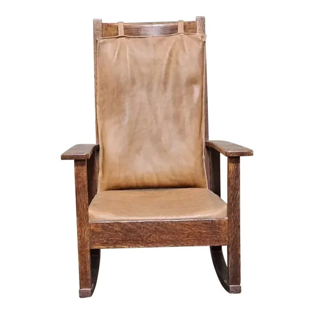 Early 20th Century Stickley Oak Mission Style Rocking Chair With Brown Leather/ Faux Leather Cover