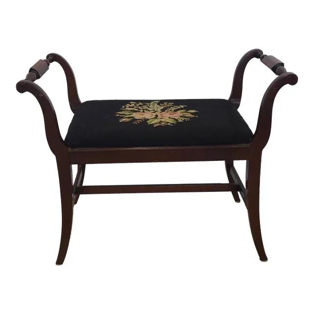 Early 20th Century Stretcher Mahogany and Needlepoint Upholstered Bench