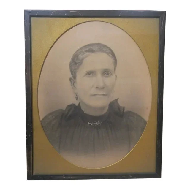 Early 20th Century Victorian Mourning Widow Framed Charcoal Portrait Drawing