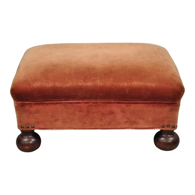Early 20th Century Vintage Jacobean William & Mary Walnut Bun Feet Upholstered Ottoman Footstool
