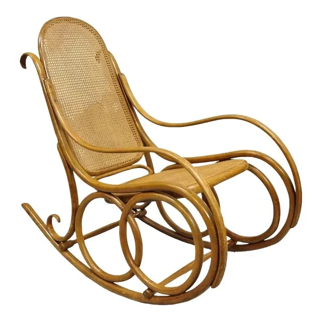 Early 20th Century Vintage Michael Thonet Style Oak Cane Rattan Bentwood Rocking Chair Rocker