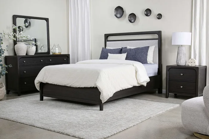 Easton Upholstered Bed, Dresser, Mirror & Nightstand in Espresso, Queen