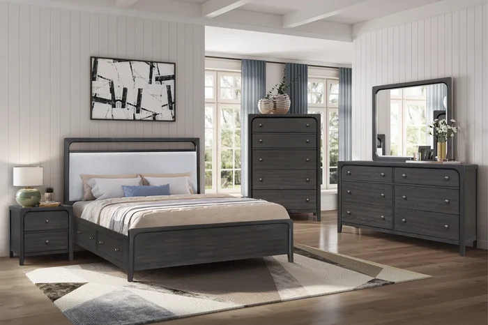 Easton Upholstered Storage Bed, Dresser, Mirror & Nightstand in Espresso, Eastern King