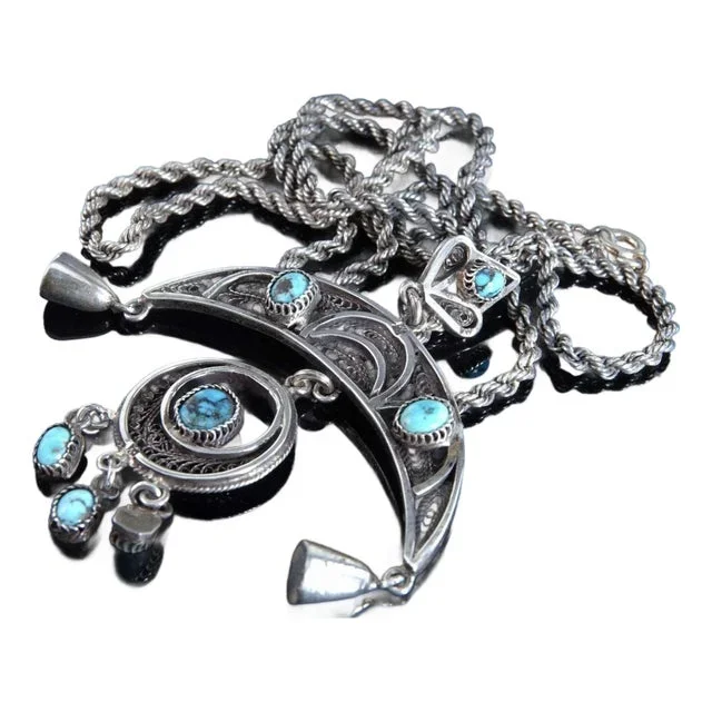 Egyptian Silver filigree and turquoise pendant with necklace