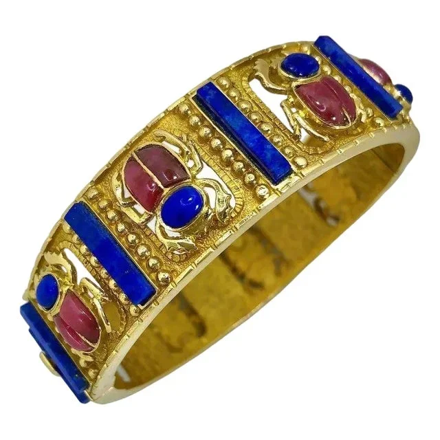 Egyptian Style 18k Yellow Gold, Lapis Lazuli & Rhodonite Scarab Beetle Bracelet