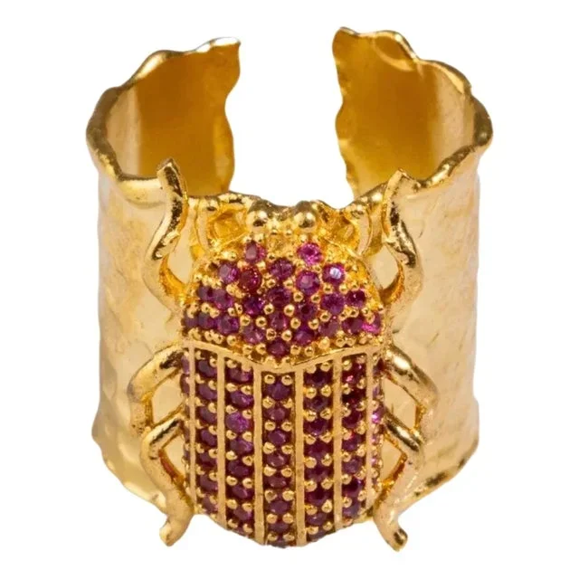 Egyptian Symbol Scarab Beetle Ruby & Gold Chunky Ring, Adjustable size