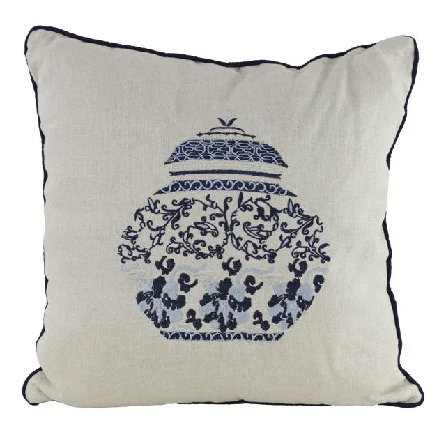 Elegant Blue and Ivory Chinoiserie Jar Pillow