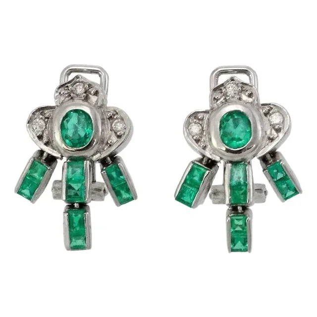 Emerald Diamond Vintage Earrings 18k White Gold Post Clip, 2 pieces