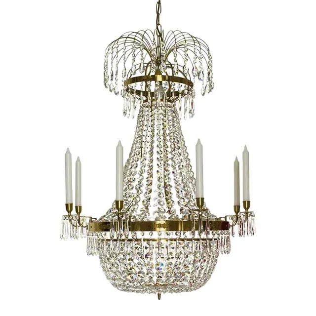 Empire Style Polished Brass 8 Arm Chandelier With Crystal Octagons