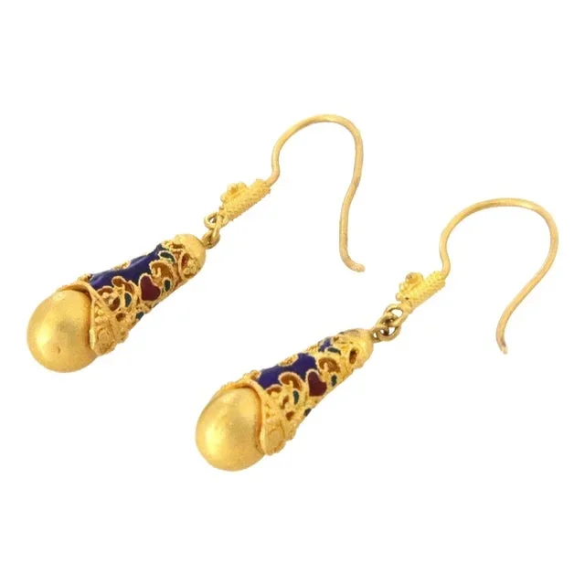 Enamel 18k Yellow Gold Filigree Teardrop Dangle Earrings, 2 pieces