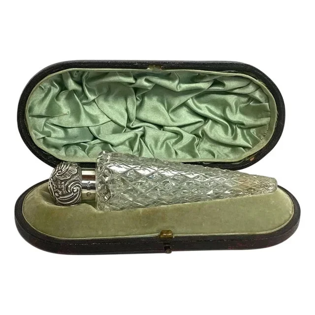 English George Brace Sterling Silver and Cut Crystal Scent Flask With Case