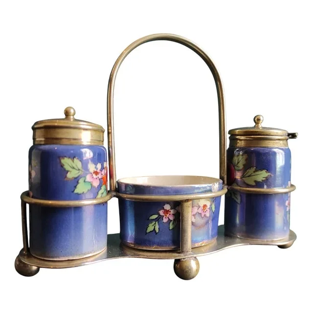 English Silver-Plated and Lusterware Cruet Set from John Turton & Co., Sheffield, 1920s, Set of 4