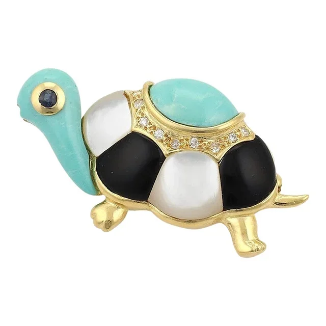 Estate Diamond & Gems 18k Yellow Gold Turtle Brooch Pin