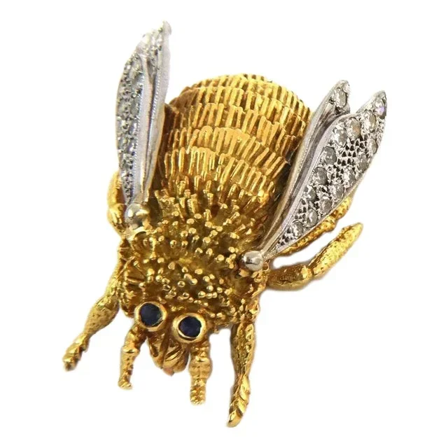 Estate Diamond Sapphire 18k Two Tone Gold 3D Bee Brooch