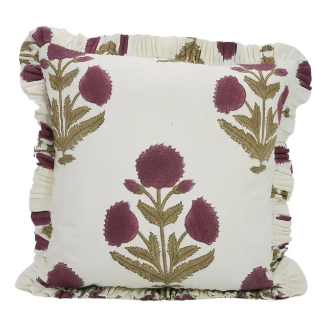 Fabdivine Handcrafted Block Print Frill Cushion Cover Wine 14×20 Inch Thick Cotton White- Badshah