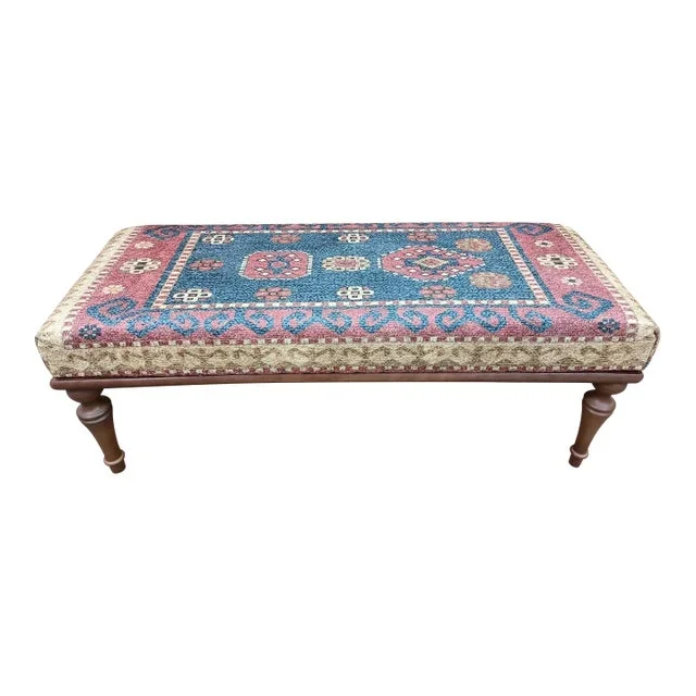 Farmhouse Style Printed Rug Fabric Upholstered Wooden Bench