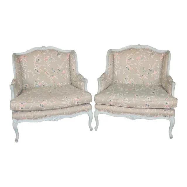 Fine Pair of Paint Decorated French Louis XV Style Marquis Bergere Chairs