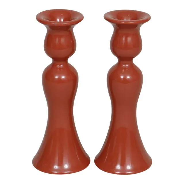 Fitz and Floyd Cinnabar Red Ceramic Candle Holders, a Pair