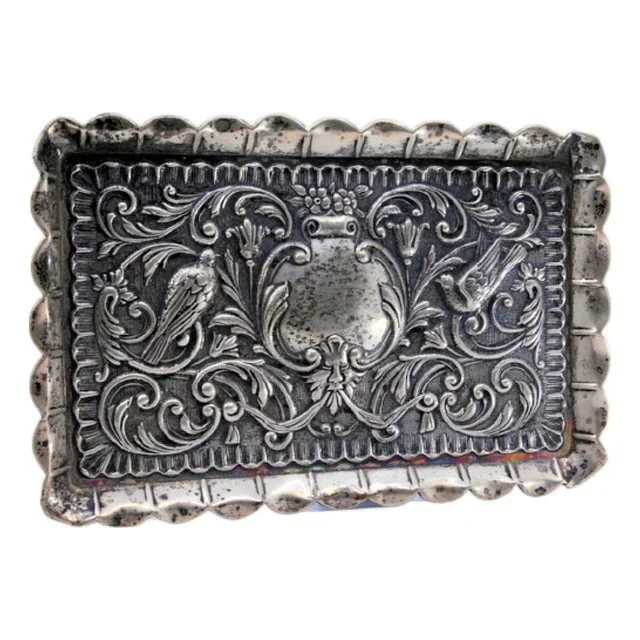 Flowers, Birds and Mask Embossed Silver Tray with Wavy Edge