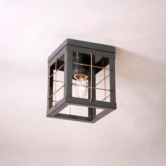 Flush Mount Single Ceiling Light with Brass Bars in Country Tin