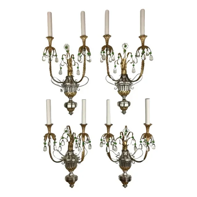 Four Silver and Gilt Bronze Sconces with Green Crystal Accents by Caldwell