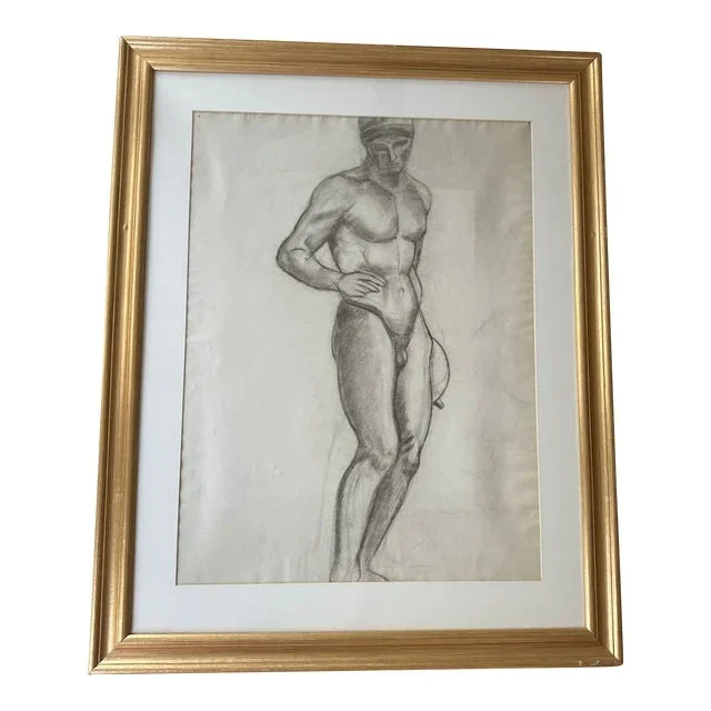 Framed Male Nude Charcoal Drawing