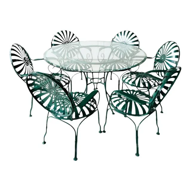 Francois Carre Patio Set French Garden Outdoor Dining Furniture 6 Green Sunburst Chairs & Table Set