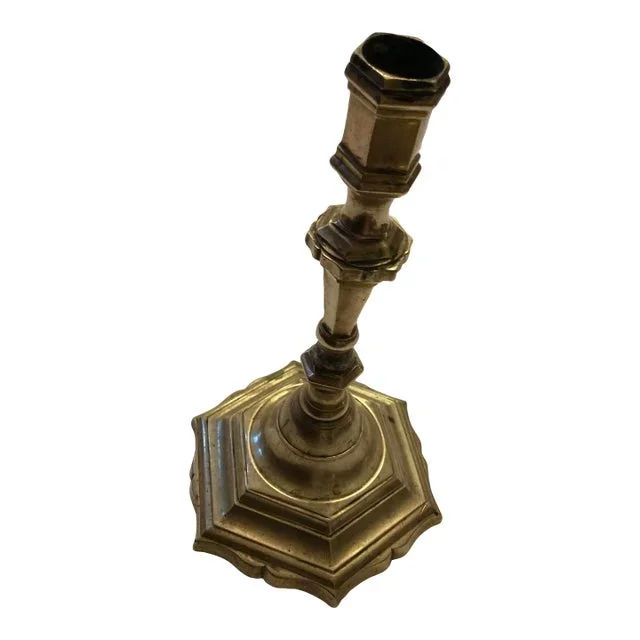 French 18th Century Single Solid Turned Brass Six Sided Scalloped Edge Base Candlestick