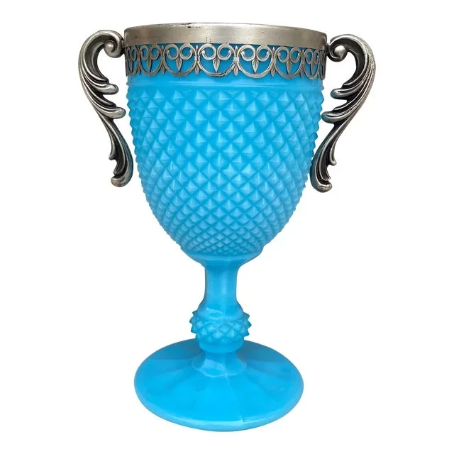 French Aqua Milk Glass Two-Handled Cup Circa 1890