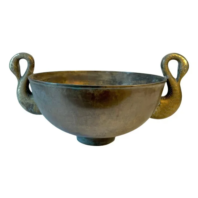 French Art Deo Patinated Bronze Bowl with Swan Handles Flanking Sides