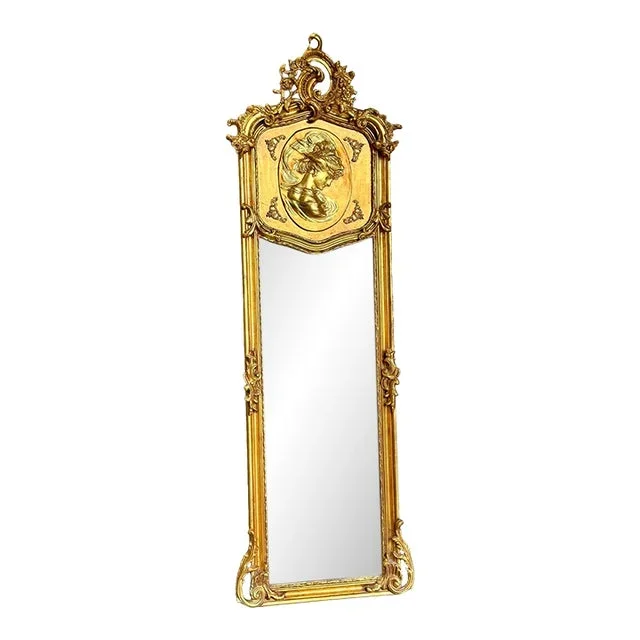 French Baroque Style Gold Woman Floor Mirror Bronze Details
