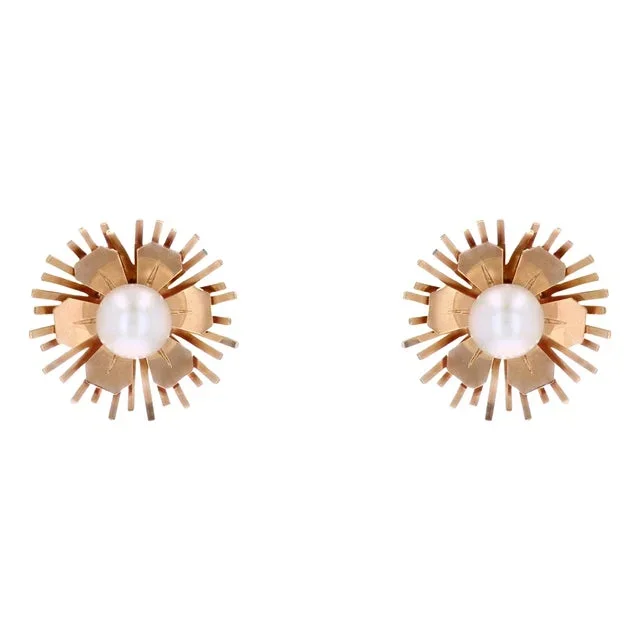 French Cultured Pearl 18 Karat Rose Gold Flower Stud Earrings, 1960s, Set of 2