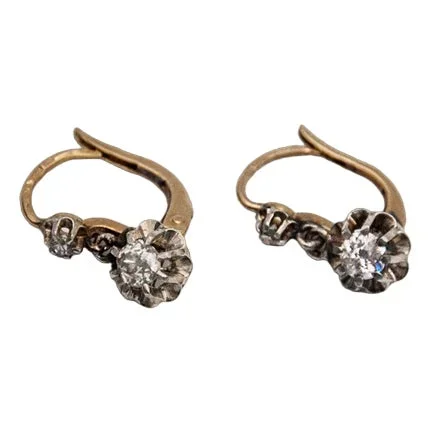 French Gold Earrings with Old-Cut Diamonds, 1930s, Set of 2