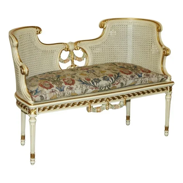 French Louis Bergere Gold and Silver Leaf Embroidered Window Seat Bench