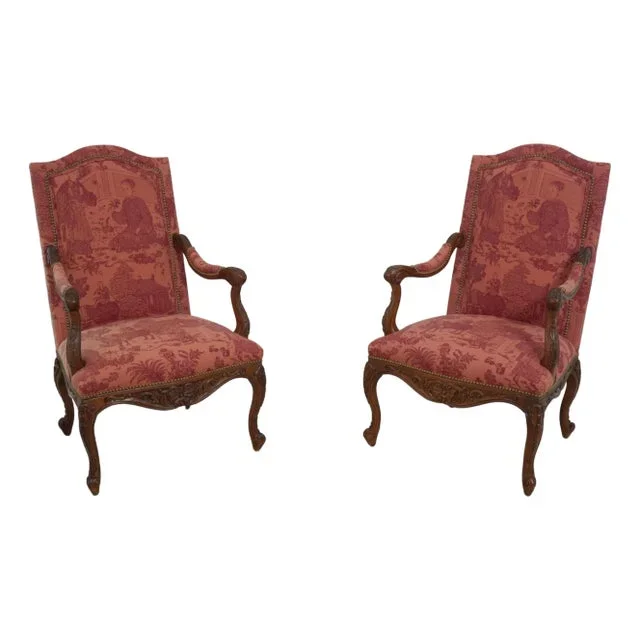 French Louis XV Style Chinoiserie Upholstered Armchairs