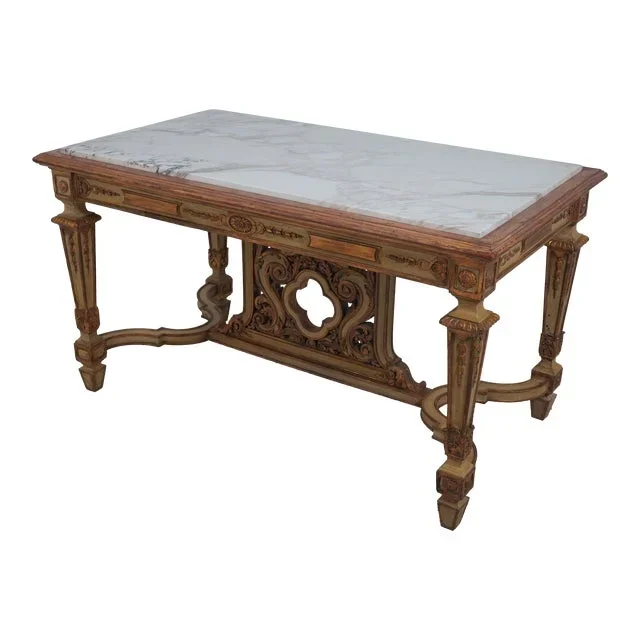 French Louis XV Vintage Marble Top Polychrome Center Table