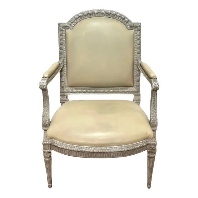 French Louis XVI Neoclassical Stye Silvered Leather Armchair / Bergere