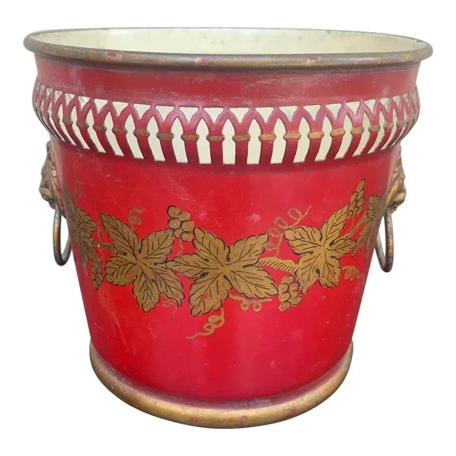French Neoclassical Tole Red & Gold Cachepot Planter Vase With Lion Heads