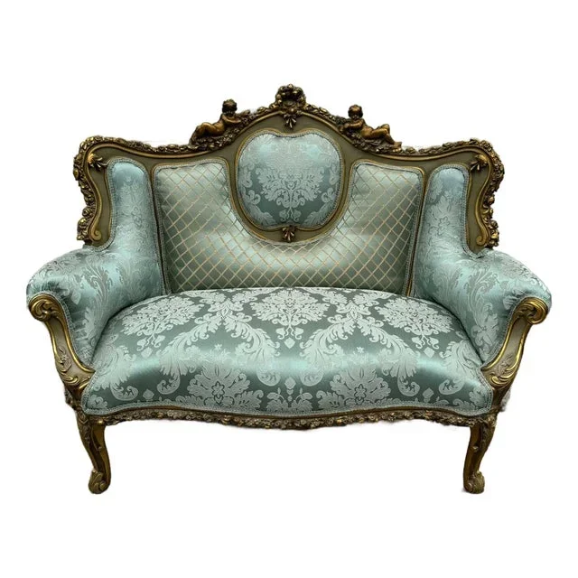 French Rococo Style Sofa Sky Blue Color and Gold Leaf Details