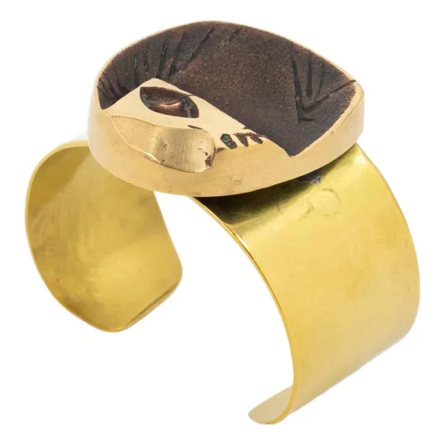 French Sculptor Henri Nogaret MCM Bronze and Brass Brutalist Cuff Bracelet