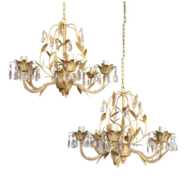 French Six-Arm Tôle Chandeliers with Floral Motif and Glass Droplets, 1960s, Set of 2