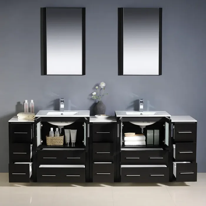 Fresca Torino 84″ Espresso Modern Double Sink Bathroom Vanity W/ 3 Side Cabinets & Integrated Sinks – FVN62-72ES-UNS
