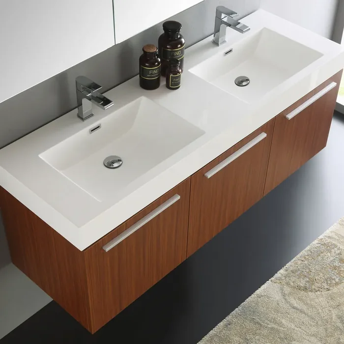 Fresca Vista 60″ Teak Wall Hung Double Sink Modern Bathroom Vanity W/ Medicine Cabinet – FVN8093TK-D