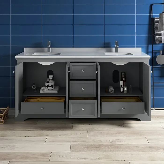 Fresca Windsor 72″ Gray Textured Traditional Double Sink Bathroom Cabinet W/ Top & Sinks – FCB2472GRV-CWH-U