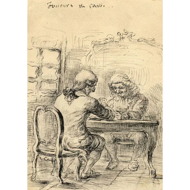 G. Cervelli, The Card Players, 1910s, Pen & Ink Drawing