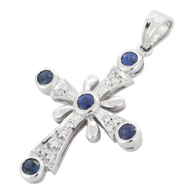Genuine Blue Sapphire & Diamond Cross Pendant