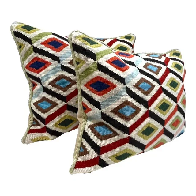 Geo Patterned Needlepoint Pillows with Braided Trim – Down/Feather Inserts- a Pair