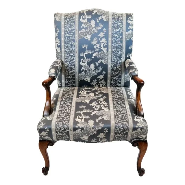George III Mahogany Armchair in Chinoiserie Blue Damask Fabric