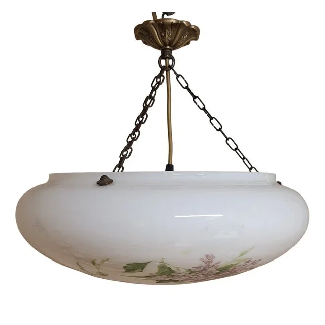 German Art Deco Ceiling Lamp with a White Glass Bowl with Colored Flower Decoration on a Brass Mount, 1920s